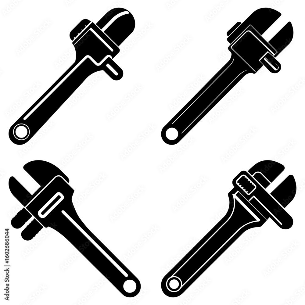 Poster four black adjustable wrenches arranged in a square pattern on a white isolated background view