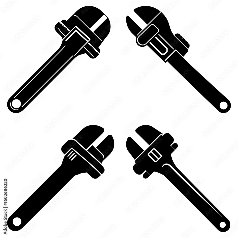 Poster four black adjustable wrenches arranged symmetrically on a white background in a simple vector style