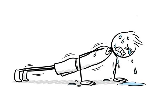 Animated Stick Figure Struggling with Push-Ups, Exhausted and Sweating