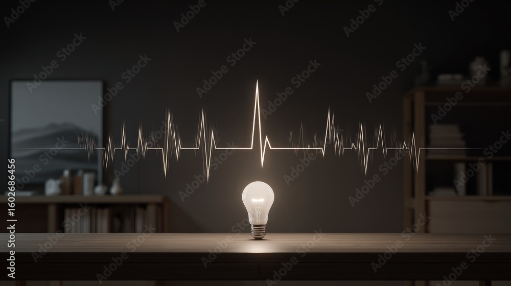 Poster biometric smart bulb in a home setup, glowing above a minimal table with pulse sensor signals radiat