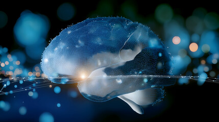 A digital representation of a human brain illuminated with blue light and interconnected nodes, symbolizing neural networks and artificial intelligence.