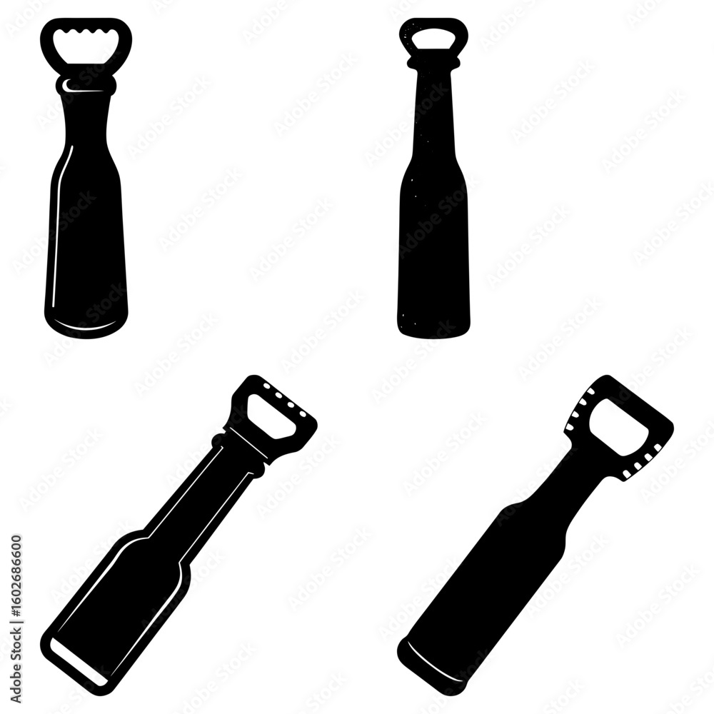Poster four bottle opener icons in black and white showing different styles and orientations on a white bac