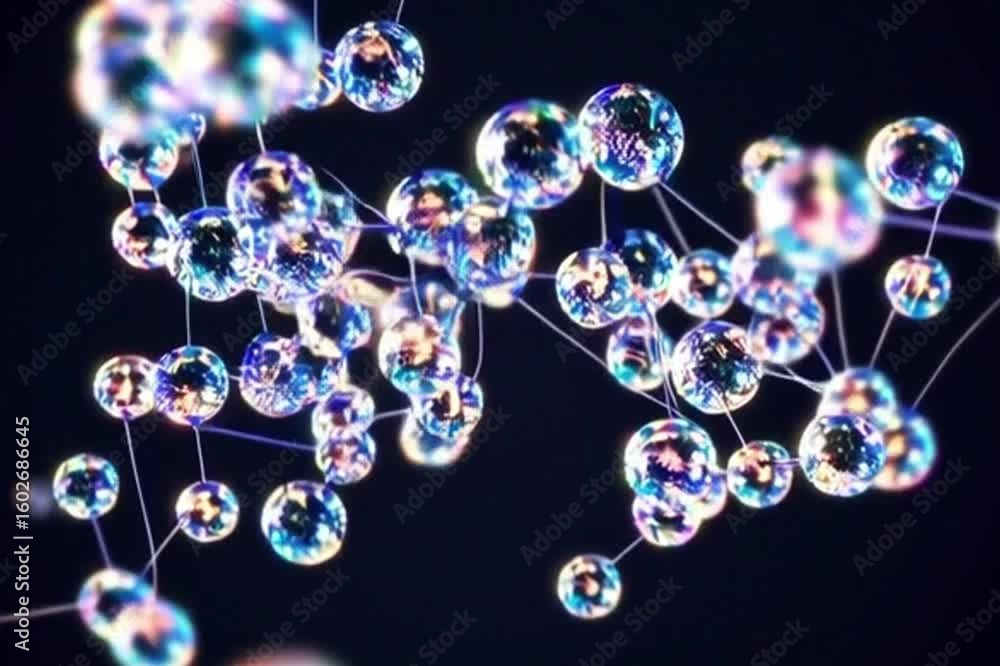 Poster abstract representation of molecules, featuring interconnected spheres and a network of bonds, illus