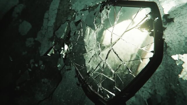 A symbolic shattered mirror reflecting fractured society and broken trust