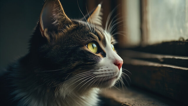Close up of a grey and white cat with bright green eyes looking out a window