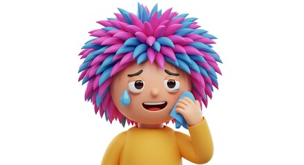 Fototapeta premium Cartoon character expressing sadness with phone