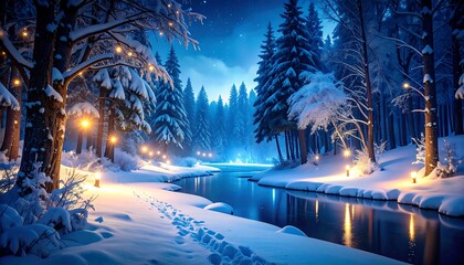 Snowy winter forest scene with a winding river