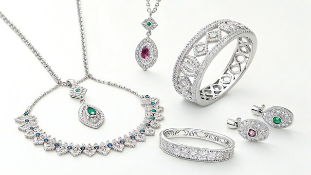 A collection of silver jewelry including necklaces, bracelets, and earrings on a white background