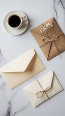 Illustration of a flat lay composition of envelopes a cup of coffee and delicate flowers on a marble background