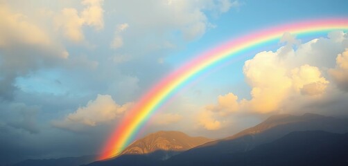 Fototapeta premium Vibrant rainbow arching across a colorful vector sky background, colorful sky, pattern