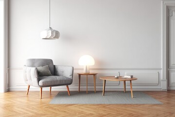 Modern living room with gray armchair and wooden table.