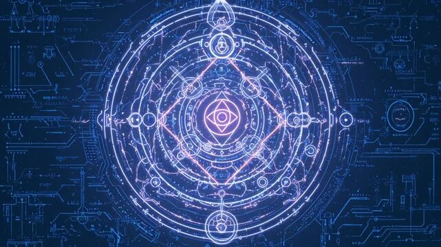 anime  Sacred circuit diagrams flashing subliminally with iconography like halos third eyes data wings