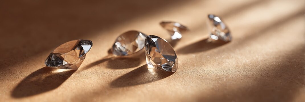 Abstract diamond-shape jewelry on warm tan surface with soft natural shadows