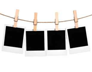 Four Polaroid-style photos clipped to a twine string with wooden clothespins isolated transparent background.