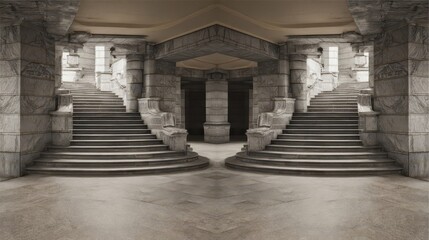 Obraz premium Grand stone staircase ascending in a stately interior.