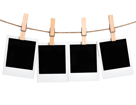 Four Polaroid-style photos clipped to a twine string with wooden clothespins isolated transparent background.