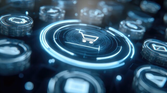 Digital commerce setup with holographic shopping icons and transaction layers