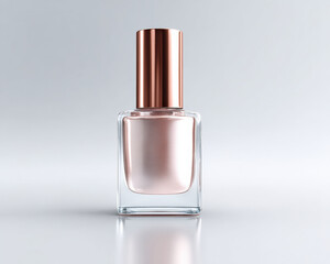 Sleek and elegant nail polish bottle featuring minimalist design with shiny rose gold cap. glass container showcases soft, reflective surface, perfect for luxury beauty products