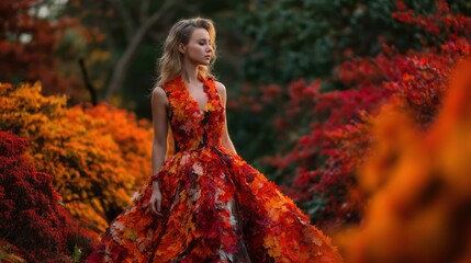 Beautiful woman in a creative fantasy dress made of red and orange autumn leaves in a forest.
