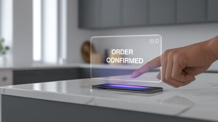 Illustration of a finger touches a holographic screen displaying order confirmed above a smartphone on a kitchen counter