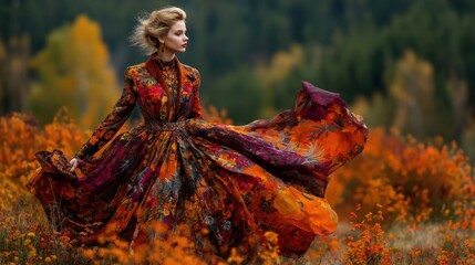 Elegant woman in a flowing orange and red floral dress walking in an autumn field.