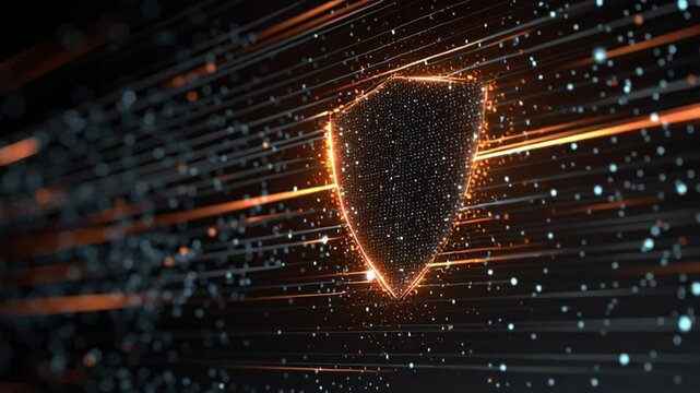 Cybersecurity shield with glowing firewalls and code streams digital protection and data privacy visualization