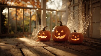 Carved halloween pumpkins with glowing faces on a rustic wooden porch in autumn.