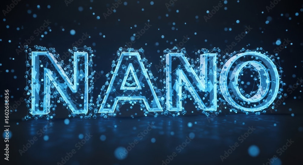 Poster a mesmerizing digital visualization of the word 'nano', highlighting technological innovation and mo