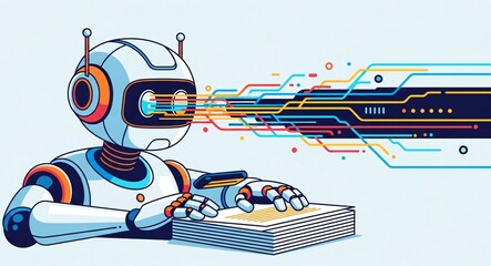 Futuristic AI robot processing digital information, with an advanced humanoid character analyzing data streams for automation concepts.