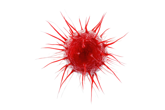 Red, spiky cell against black background.  Detailed illustration of a virus or bacteria, highly magnified, with radiating, spiky protrusions