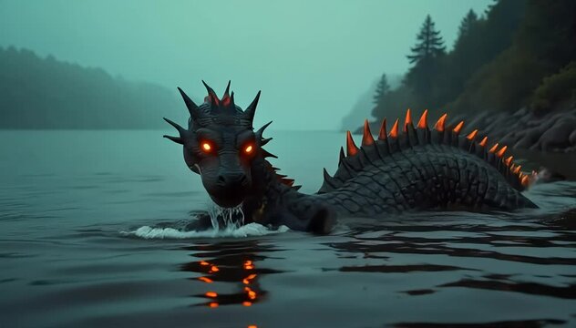 Loch Ness monster gliding protectively beside its young