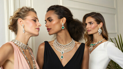 Three women showcasing elegant jewelry with diamond and emerald necklaces and matching earrings set