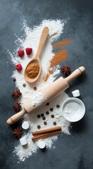 Illustration of a rustic overhead view of baking ingredients scattered on a dark surface including flour a rolling pin spices and fresh raspberries