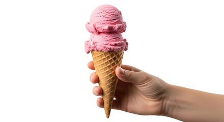 Hand holding a double scoop strawberry ice cream cone
