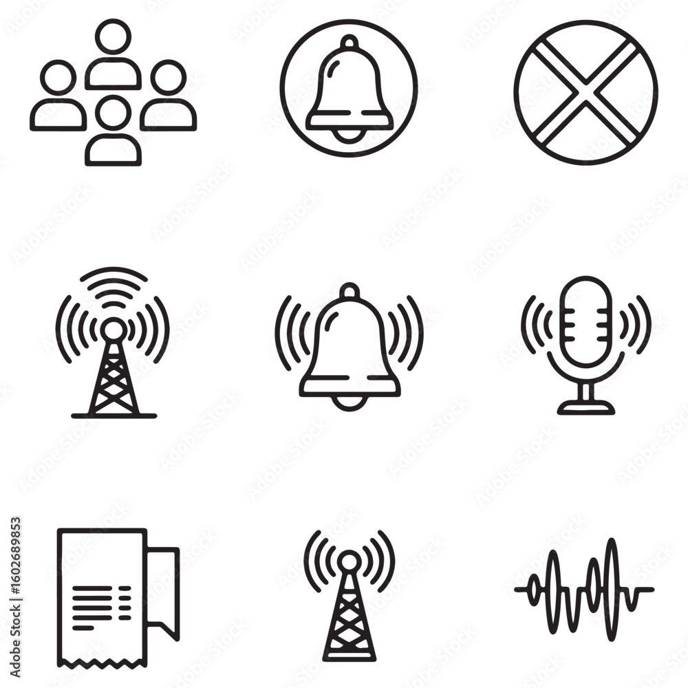 Poster collection of minimalist icon designs representing communication and notification concepts in modern