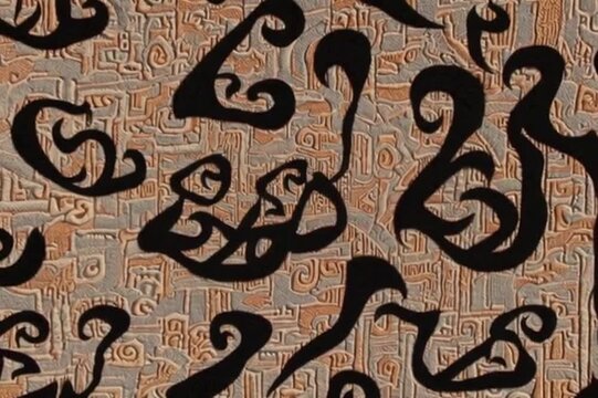 Intricate, abstract patterns and design elements with a textured, earthy color palette. The patterns are in shades of black and brown, with an organic, flowing style