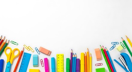 Assortment of colorful school supplies arranged on a white background
