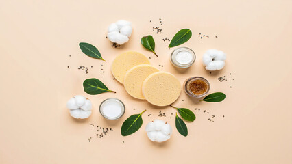 Natural skincare ingredients and reusable cotton pads arranged artfully