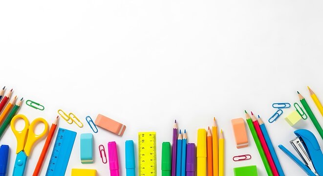 Assortment of colorful school supplies arranged on a white background