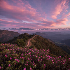 Photorealistic golden hour view from Sandakphu near Uttarey with rhododendron-lined ridges, sharp terrain, and the Sleeping Buddha range under a vivid pink-purple sky.