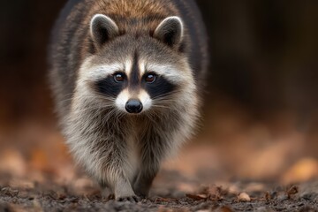 Raccoon cautiously backing away, displaying signs of fear in a natural environment during the late afternoon