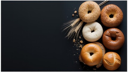 Illustration of a variety of fresh bagels and wheat stalks arranged on a dark background
