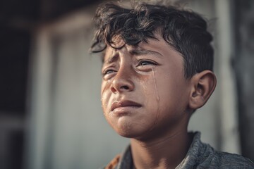 Expression of deep distress in a young boy with tears streaming down his face during a challenging moment of vulnerability and sadness