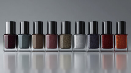 Stylish collection of nail polish bottles arranged in row, showcasing various colors and finishes. sleek design and vibrant hues evoke sense of luxury and elegance
