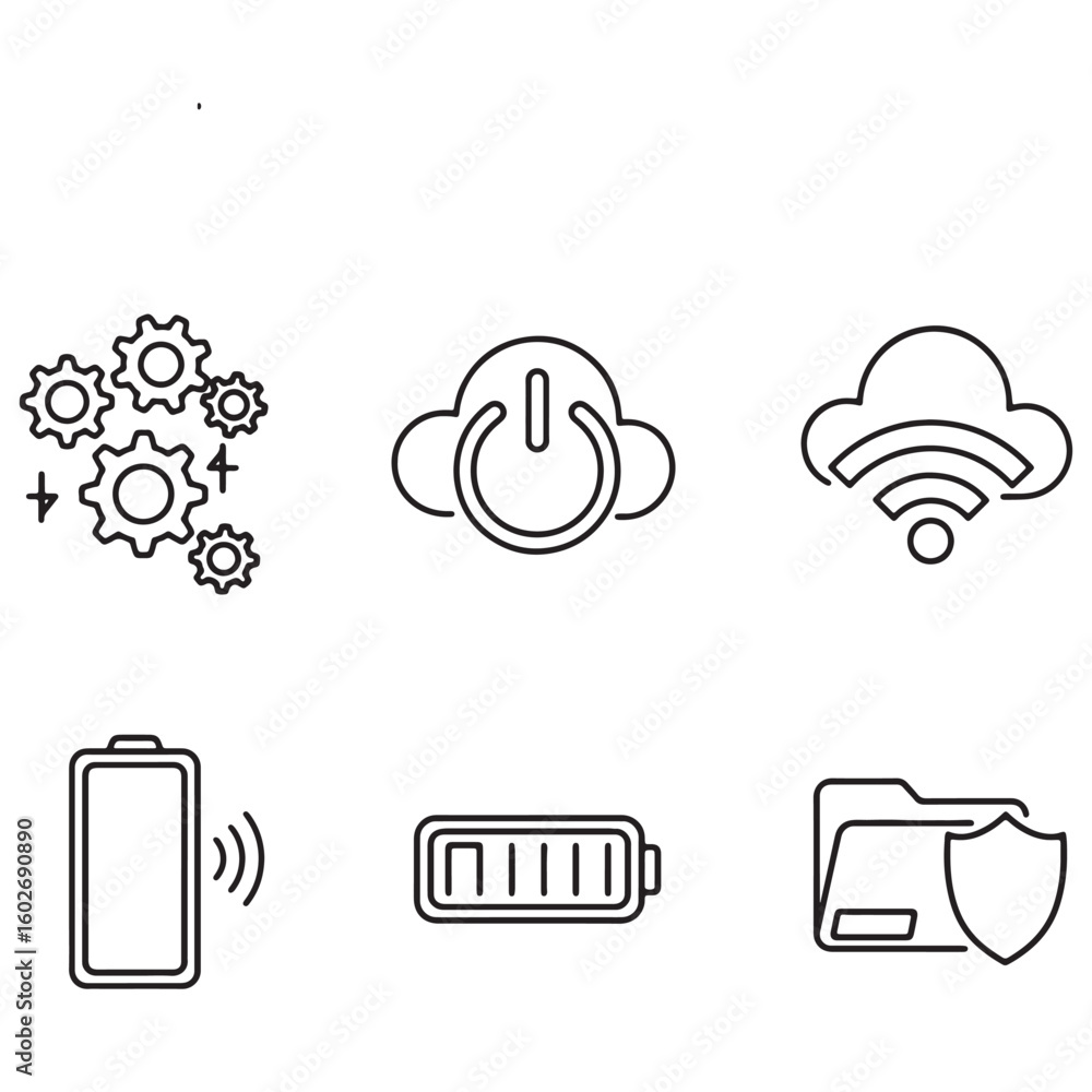 Poster collection of minimalist outlined icons representing technology data and information concepts