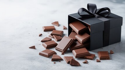 Illustration of a black gift box overflowing with delicious milk chocolate bars and pieces scattered on a textured surface