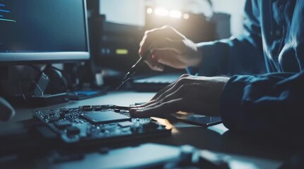 Technician soldering electronic circuit board. Close-up of hands assembling computer hardware in a workshop, focusing on technology repair.