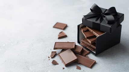 Illustration of a black gift box overflowing with delicious chocolate pieces on a textured surface