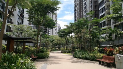 Obraz premium Lush greenery surrounds high-rise buildings in a landscaped walkway.