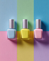 Bright and colorful nail polish bottles arranged in row against vibrant pastel background. playful colors evoke sense of fun and creativity, perfect for beauty enthusiasts